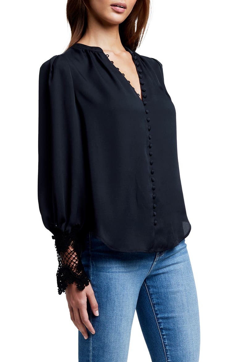 Ava Lace Cuff Button-Up Blouse, Alternate, color, BLACK