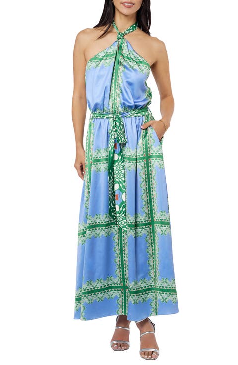 Leche Scarf Print Halter Neck Satin Maxi Dress