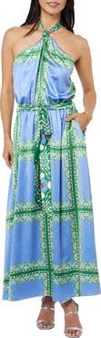 CIEBON Leche Scarf Print Halter Neck Satin Maxi Dress