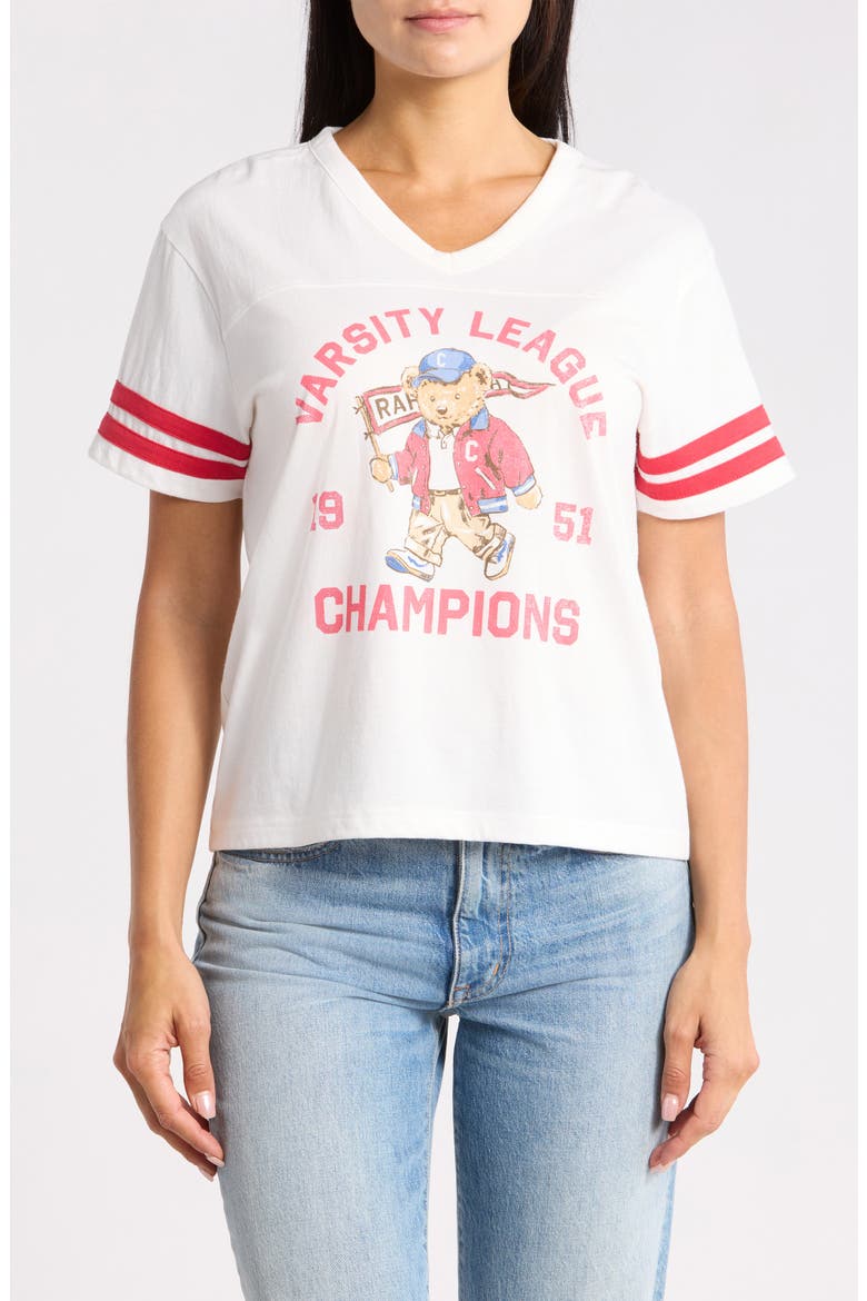 Varsity Bear Graphic V-Neck T-Shirt, Main, color, COCONUT MILK