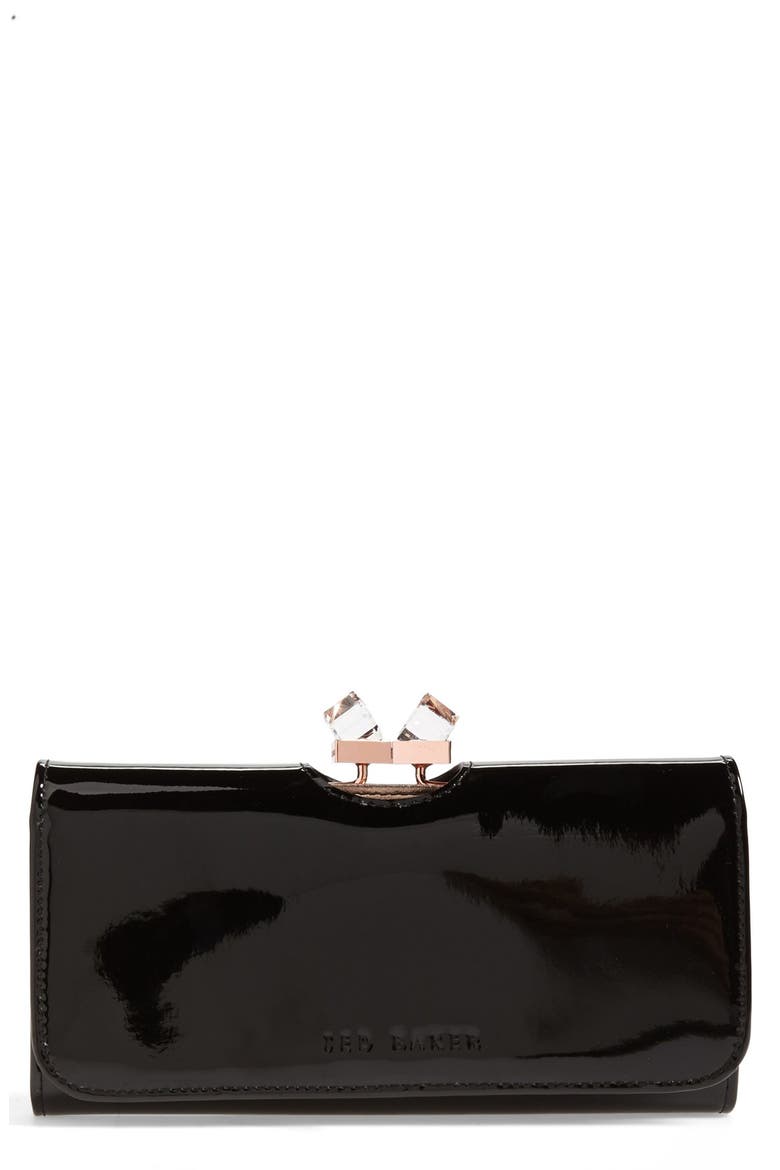 'Crystal Frame' Patent Leather Matinee Wallet, Main, color, BLACK