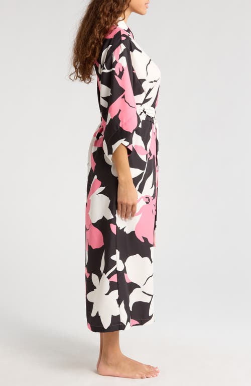 Natori Niwashi Floral-print Charmeuse Robe In Pink/black