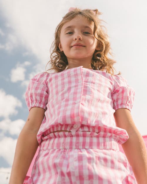 Deux Par Deux Girl's Puff Sleeve Dress With Waist Tie Pink And White Checks In Pink And White Checks