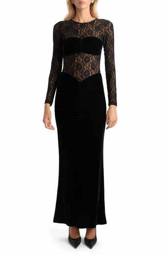 Bardot Helenie Velour & Lace Long Sleeve Dress