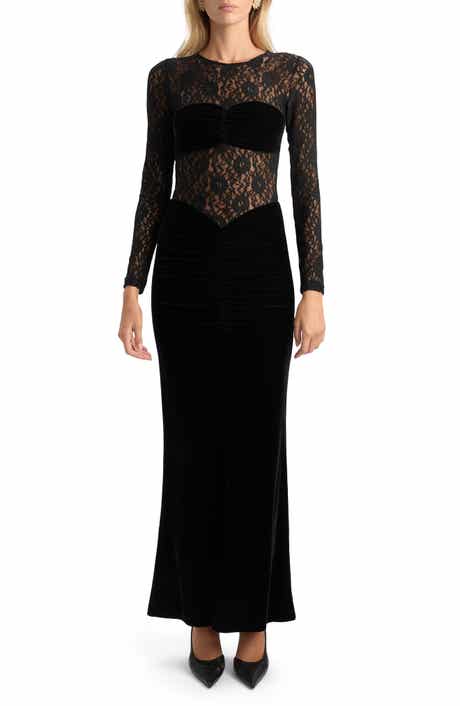 Bardot Helenie Velour & Lace Long Sleeve Dress