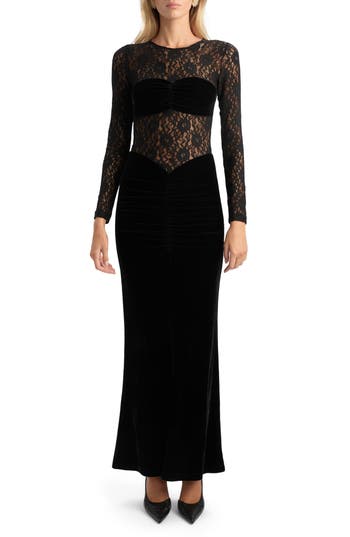 Bardot Helenie Velour & Lace Long Sleeve Dress in Black at Nordstrom Rack, Size 6