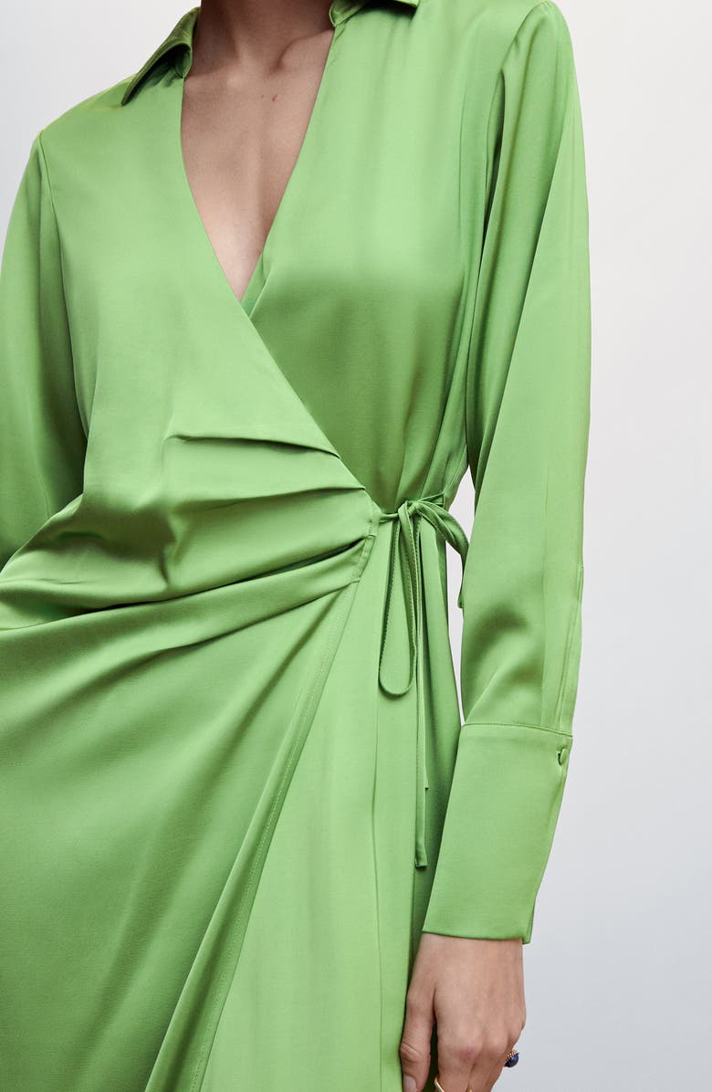 MANGO Long Sleeve Satin Wrap Shirtdress, Alternate, color, Green