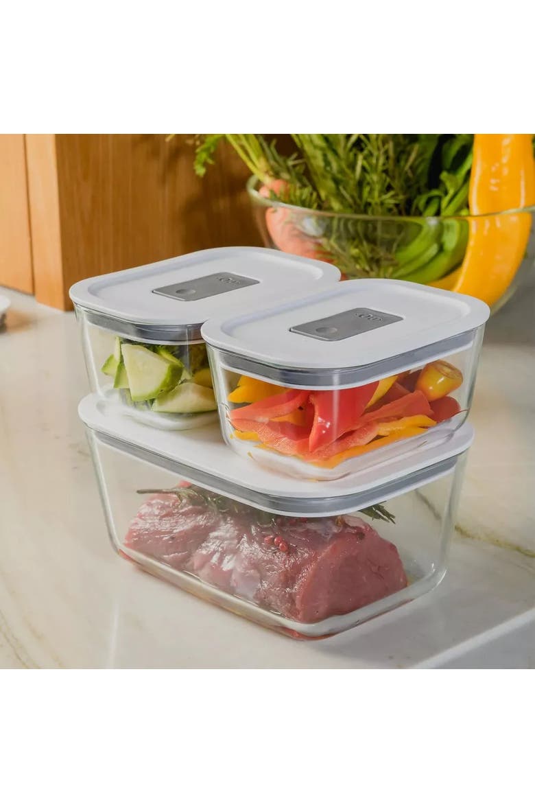 Stackable Airtight Glass Food Storage Container Set with Microwave Valve and Leak Proof Lid, 4 Piece, Alternate, color, Clear with White Lid