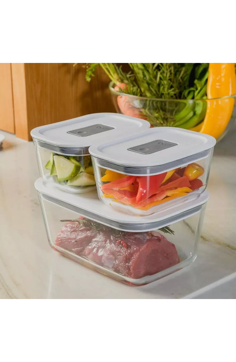 OU Stackable Airtight Glass Food Storage Container Set with Microwave Valve and Leak Proof Lid, 8 Piece, Alternate, color, Clear With White Lid