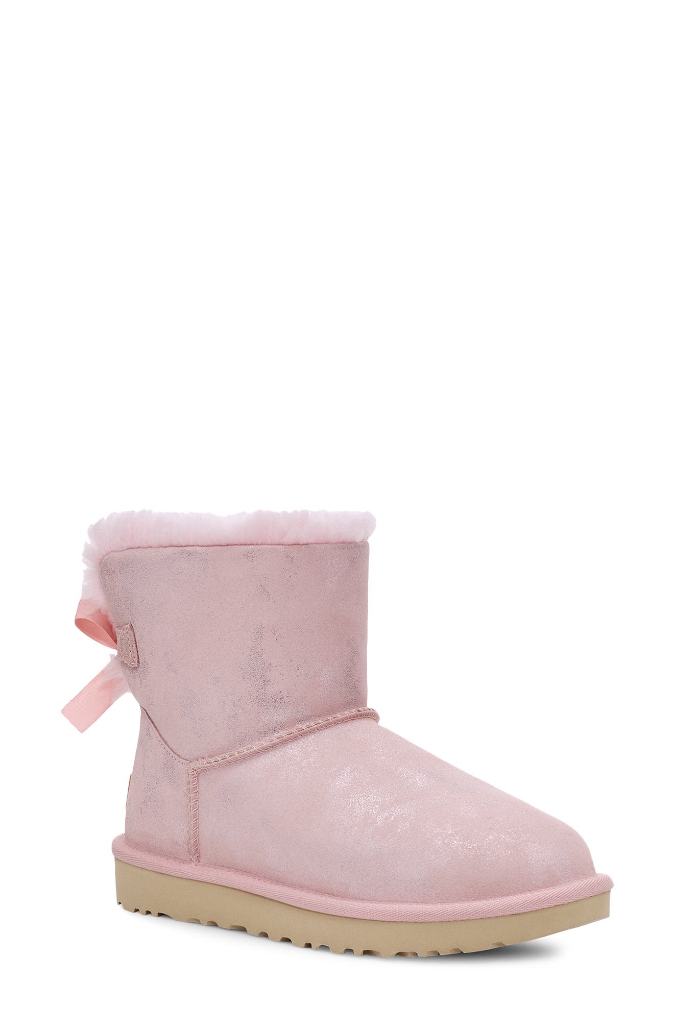 Mini Bailey Bow II Genuine Shearling Bootie, Main, color, PINK CLOUD METALLIC SUEDE