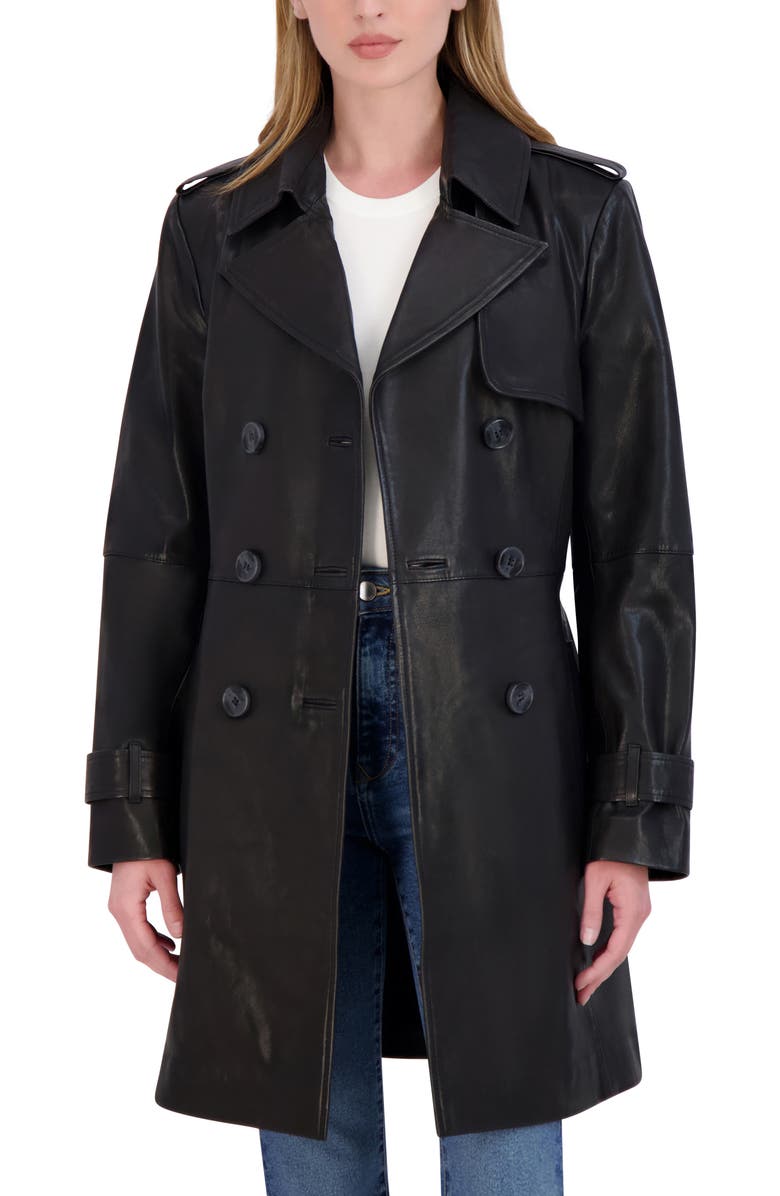 Tahari Natalie Leather Trench Coat, Alternate, color, Black