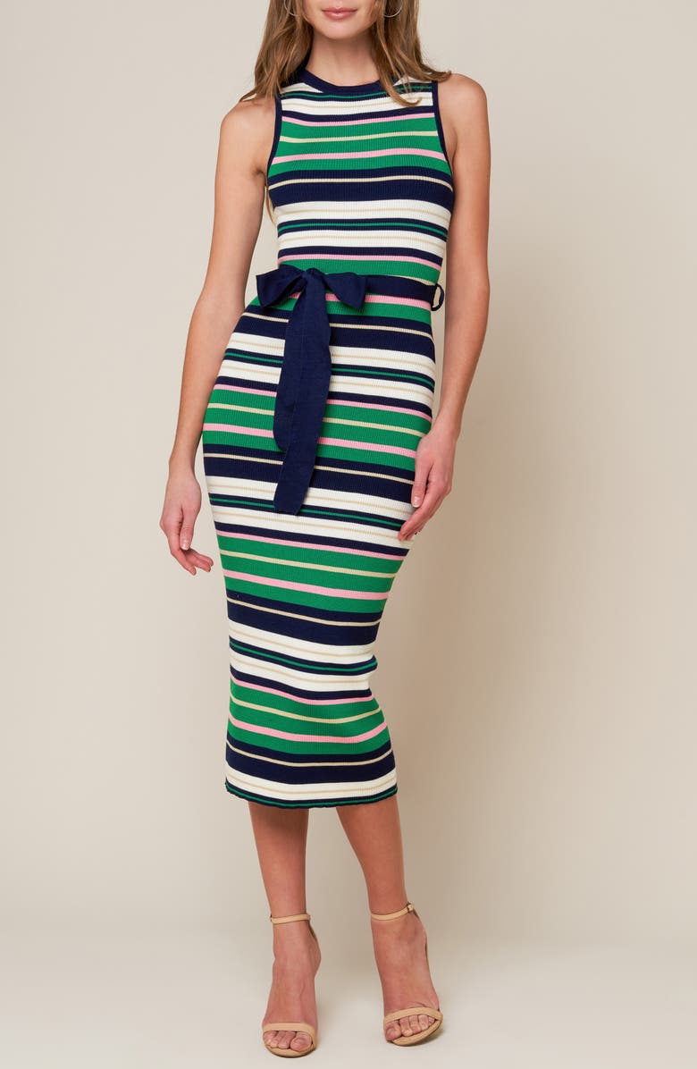FLYING TOMATO Striped Tie Waist Sweater Dress, Main, color, Navy/ Green