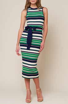 FLYING TOMATO Striped Tie Waist Sweater Dress