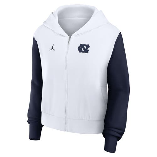 Jordan Brand White North Carolina Tar Heels Cropped Athletic Prep Color Block Script Full-zip Hoodie In White