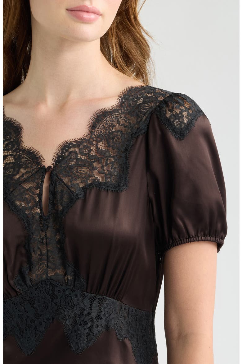 The Oakley Lace Trim Satin Maxi Dress, Alternate, color, CHOCOLATE