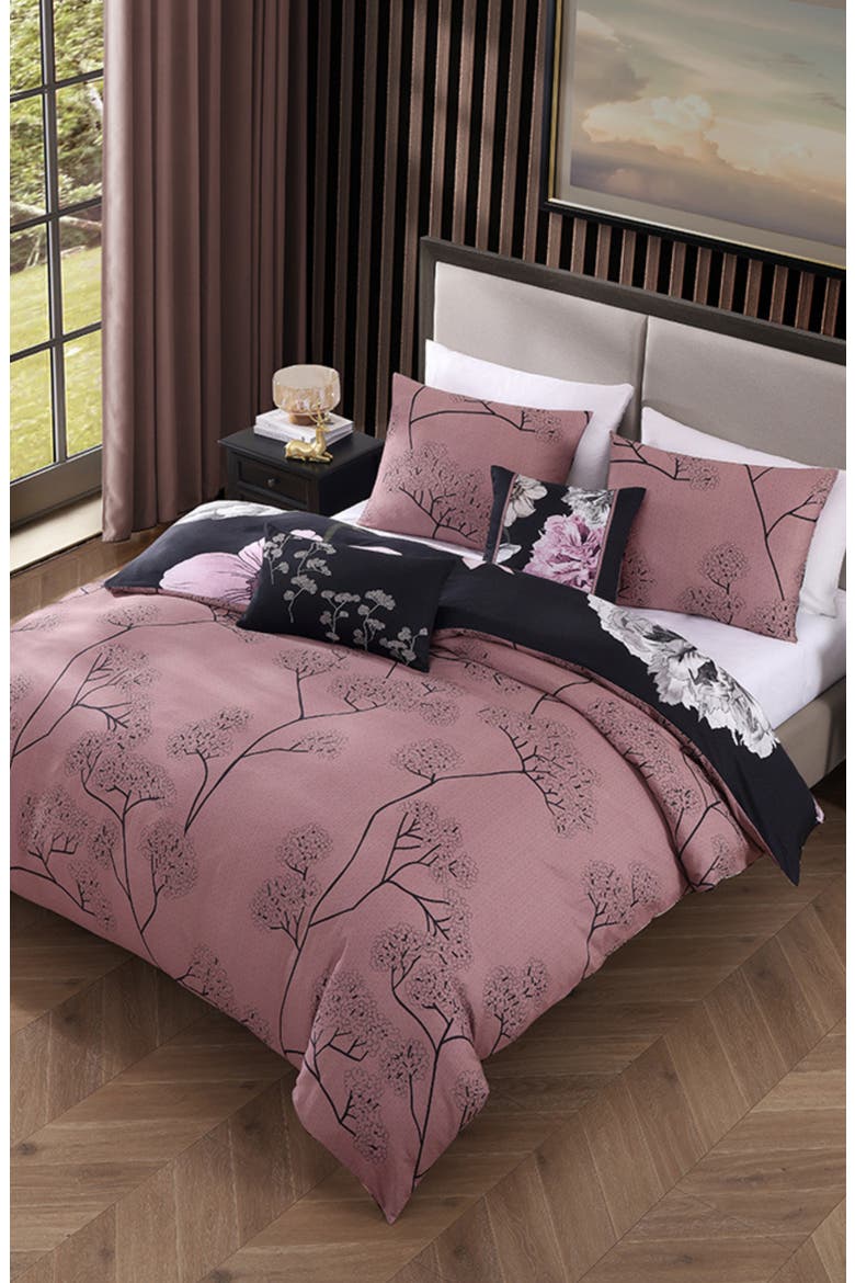 Midnight Meadow 5 Piece Reversible Comforter Set, Alternate, color, BLACK