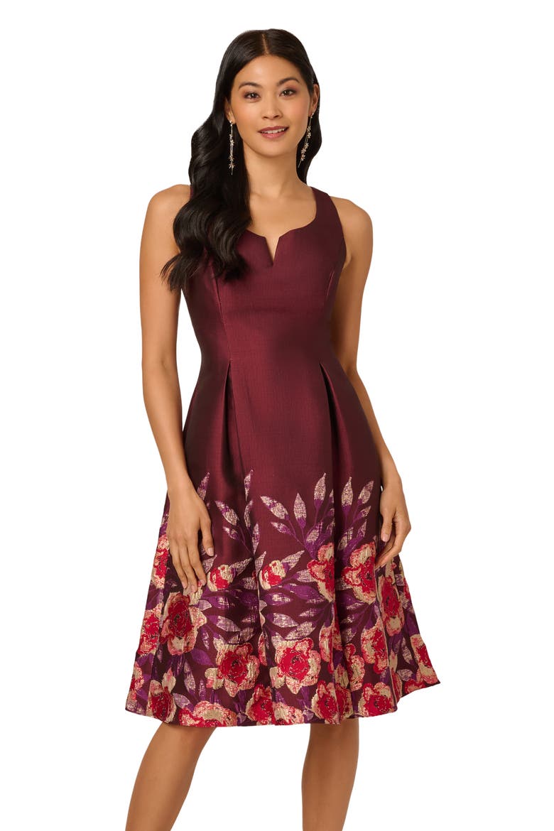 Pleated Jacquard Cocktail Dress, Alternate, color, PLUM MULTI