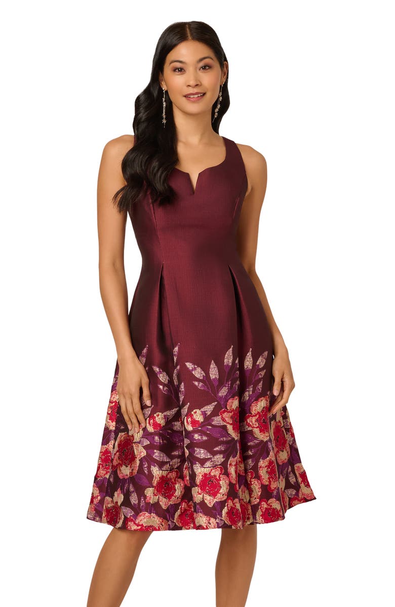 Adrianna Papell Pleated Jacquard Cocktail Dress, Alternate, color, Plum Multi