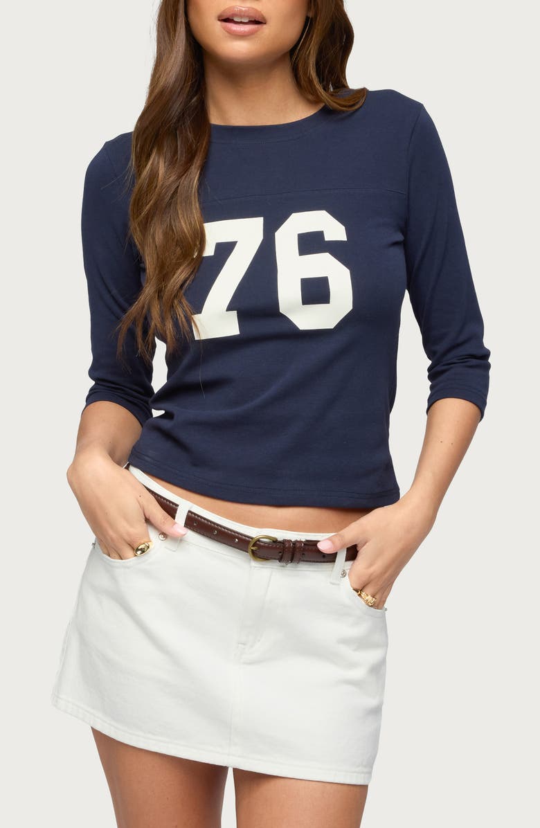 EDIKTED 76 Stretch Cotton Graphic T-Shirt, Main, color, Navy