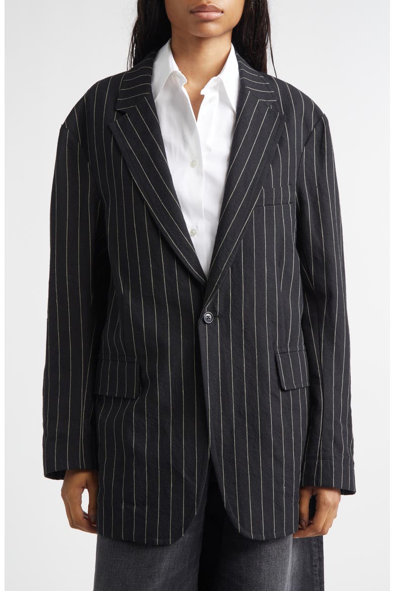 Ragged Pinstripe Oversize Linen & Virgin Wool Blazer, Main, color, BLACK WHITE PINSTRIPE