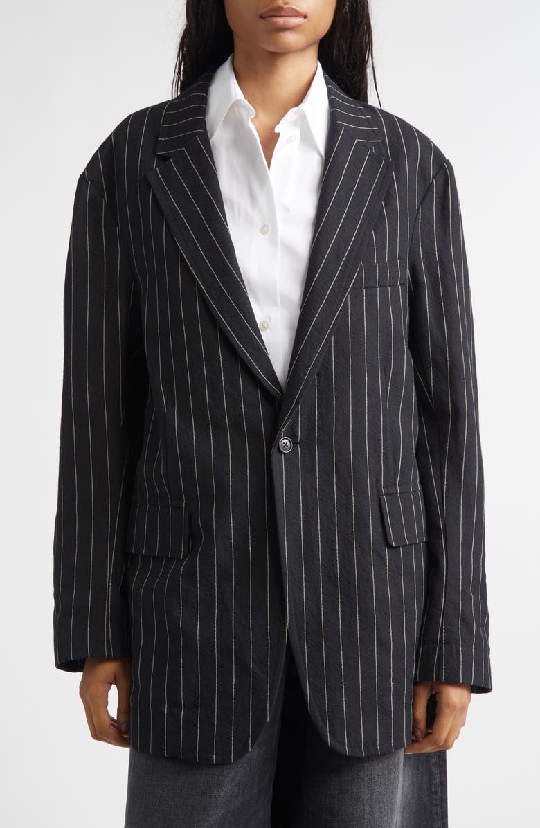 R13 Ragged Pinstripe Oversize Linen & Virgin Wool Blazer, Main, color, Black White Pinstripe