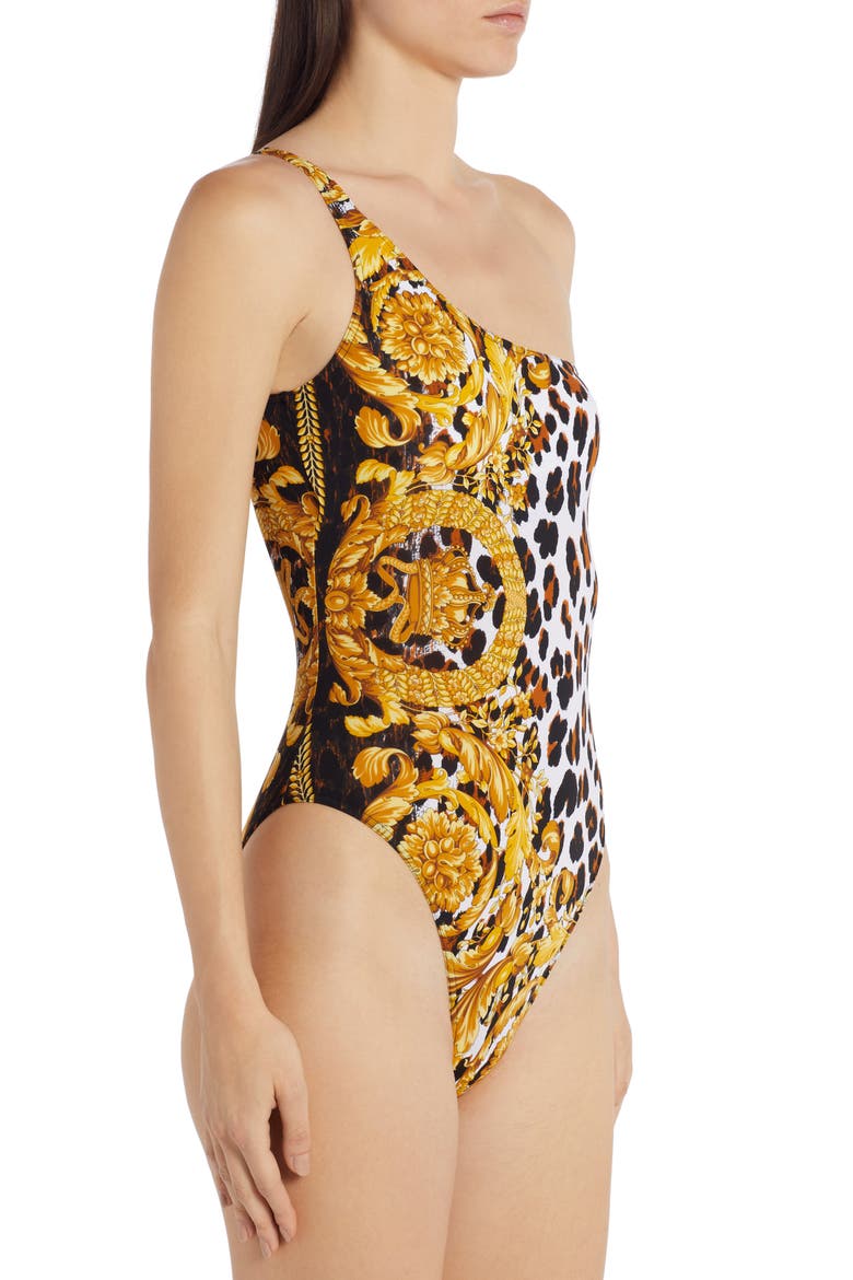 Animal Print One Shoulder One-Piece Swimsuit, Alternate, color, BLACK/ GOLD