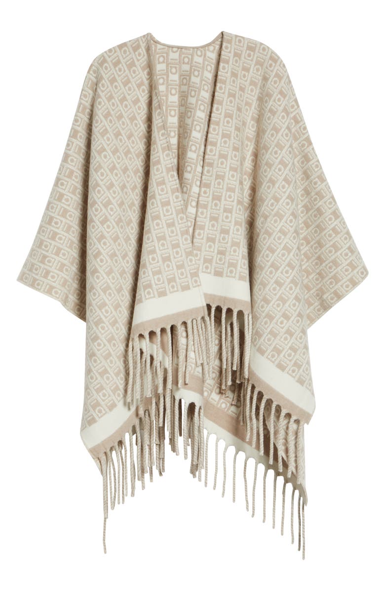 FERRAGAMO Gancini Monogram Wool Fringe Cape, Alternate, color, Mascarpone
