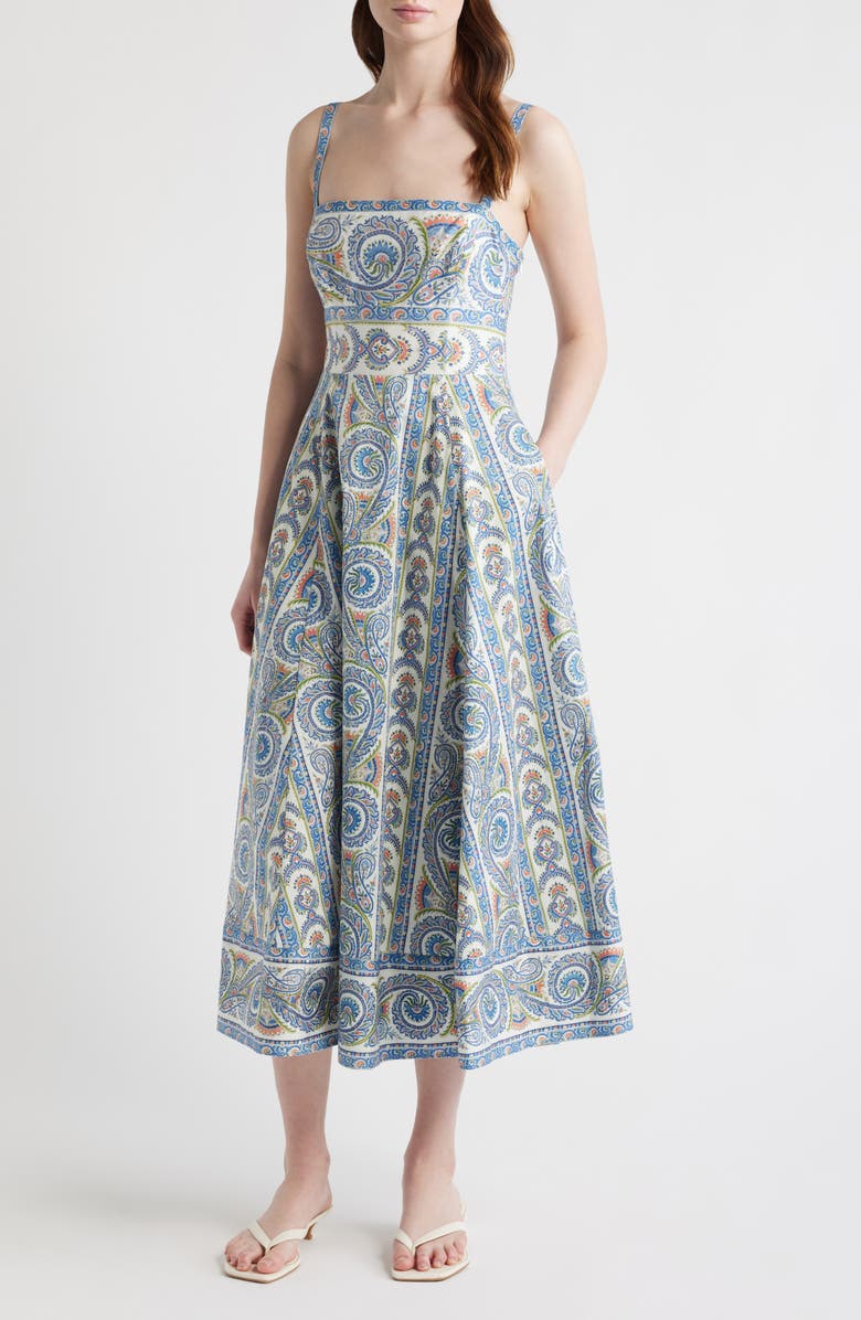 Hill House Home The Margot Stripe Fit & Flare Midi Dress, Main, color, Corsica Paisley Blue