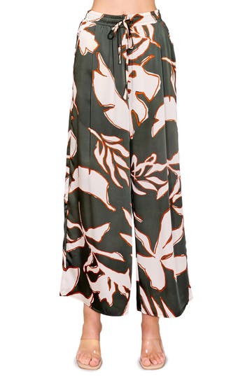Melloday Satin Wide Leg Pants In Olive/rust/cream