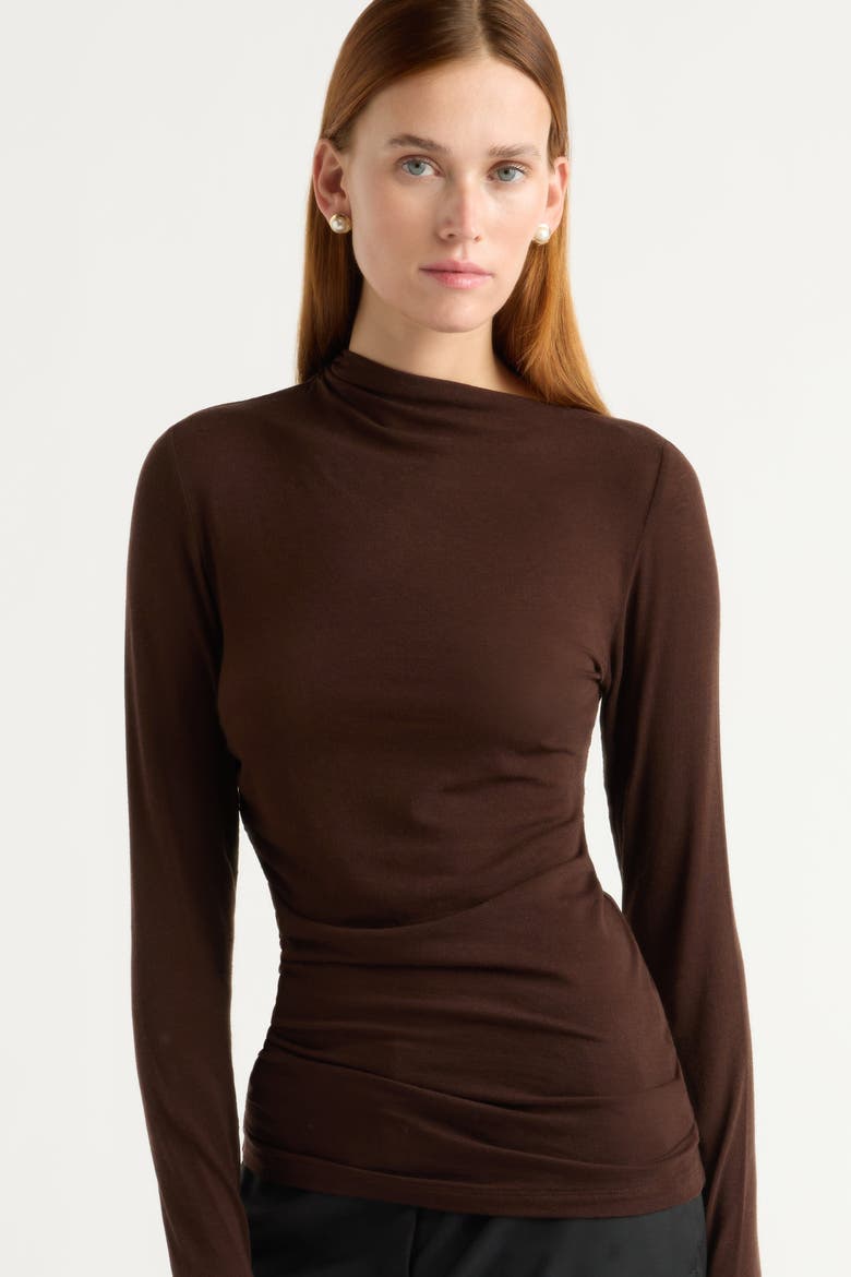 Vittoria Asymmetric-Neck Semi-Sheer Ruched Tee, Alternate, color, Umber