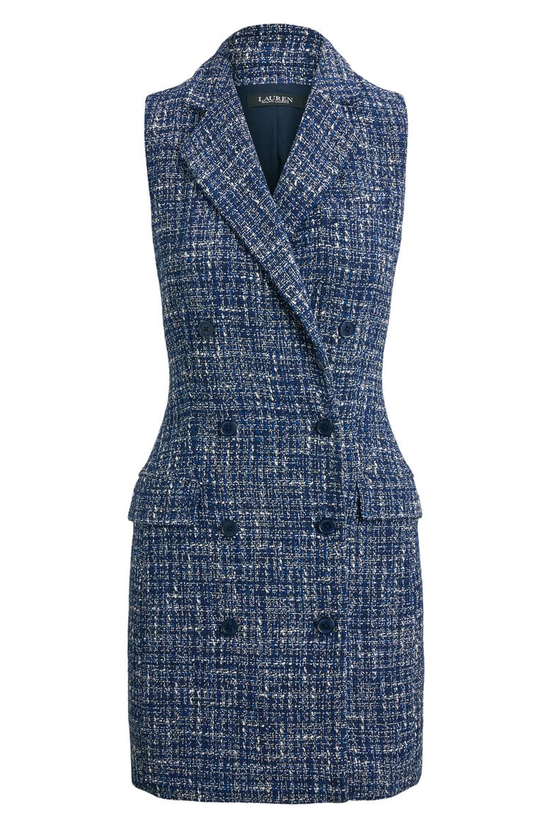 Double Breasted Sleeveless Bouclé Coat Dress, Alternate, color, NAVY BLUE MULTI
