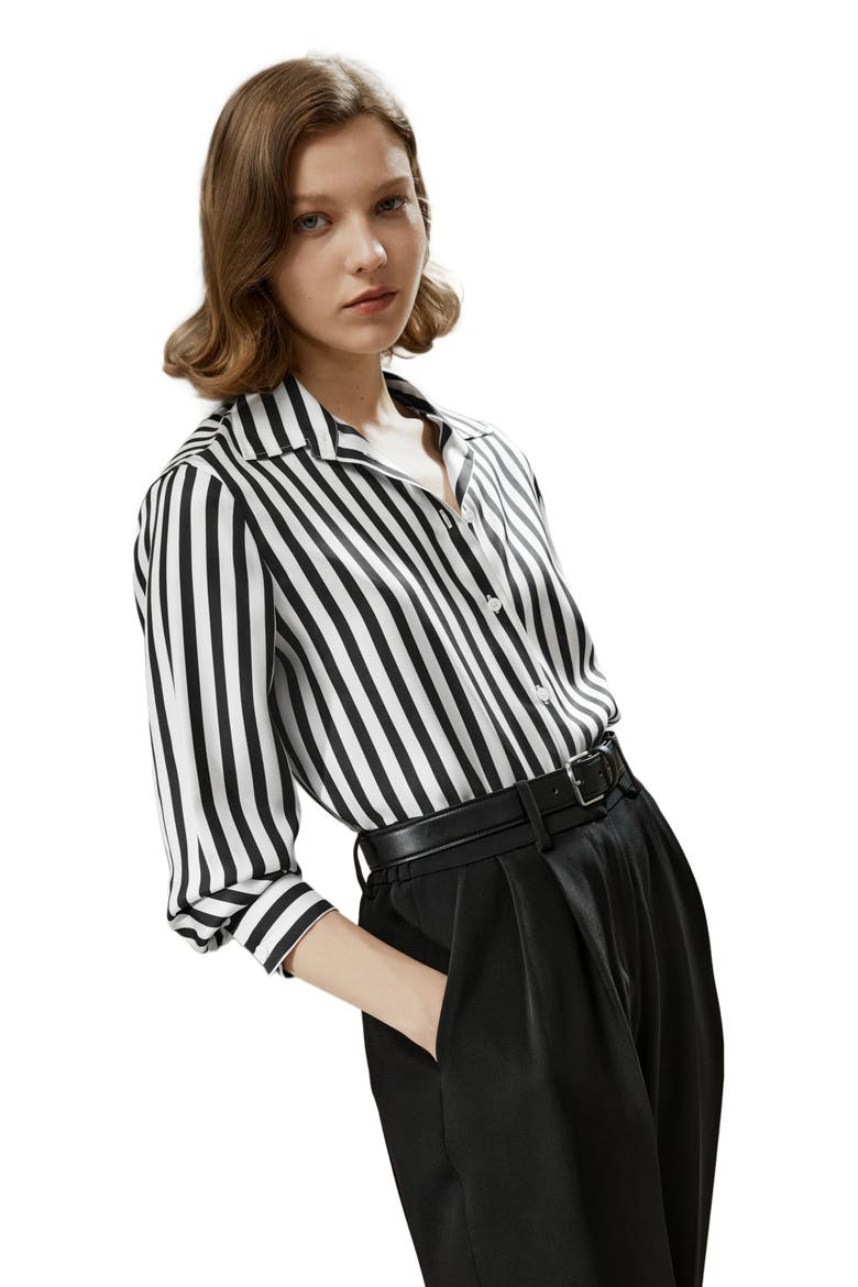 Classic Striped Silk Shirt, Alternate, color, Black-White Pinstripes