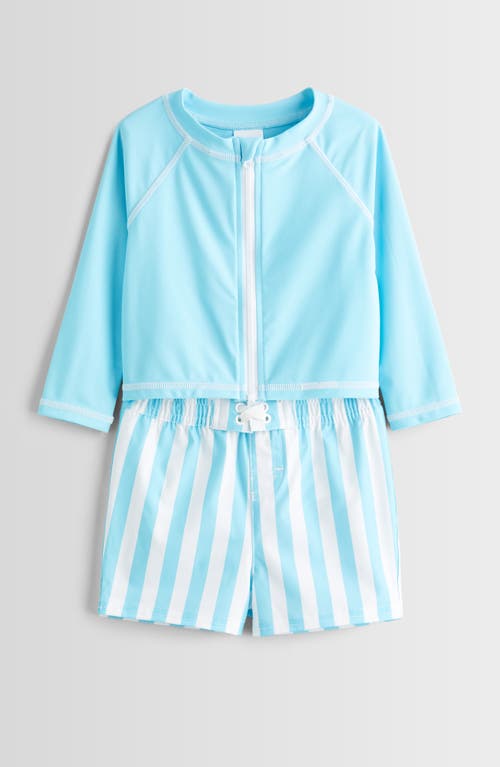 Tucker + Tate Kids' Long Sleeve Rashguard & Swim Trunks Set In Teal Beach Hampton Stripe
