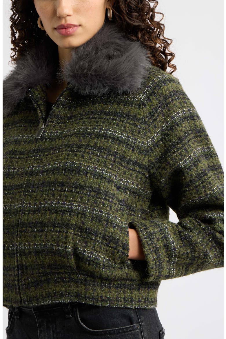 Tweed Bomber Jacket with Faux Fur Collar, Alternate, color, OLIVE TWEED