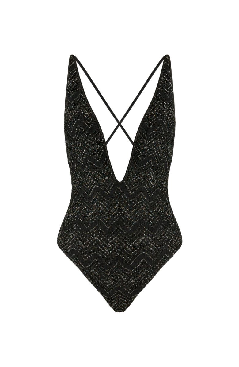 Missoni V-neck Zig Zag Lamé Viscose One-piece Swimsuit, Alternate, color, Black & Lamé
