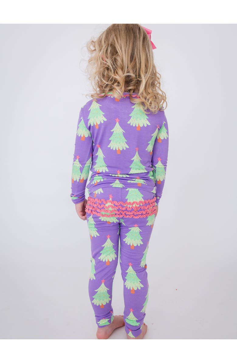 RuffleButts SoftSnooze Ruffle Long Sleeve Pajama Set, Signature Rear Ruffles, Alternate, color, Purple Twinkling Trees