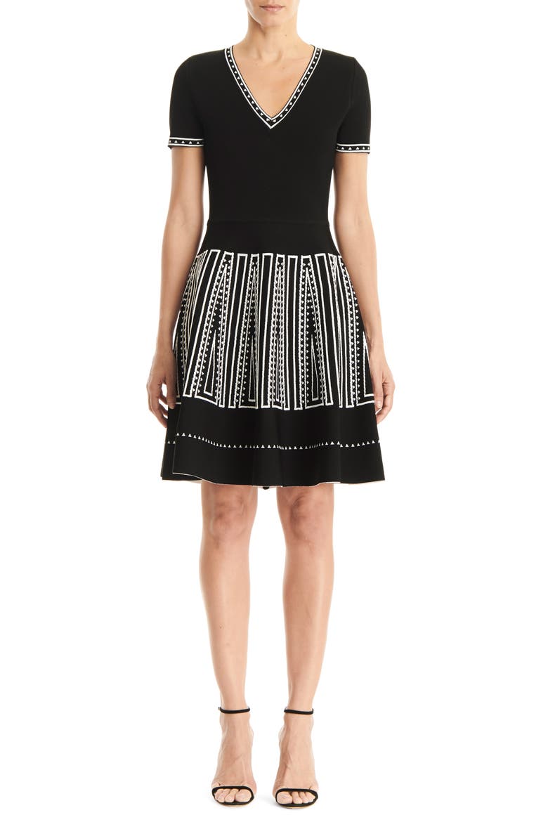 Jacquard Fit & Flare Sweater Dress, Main, color, BLACK MULTI