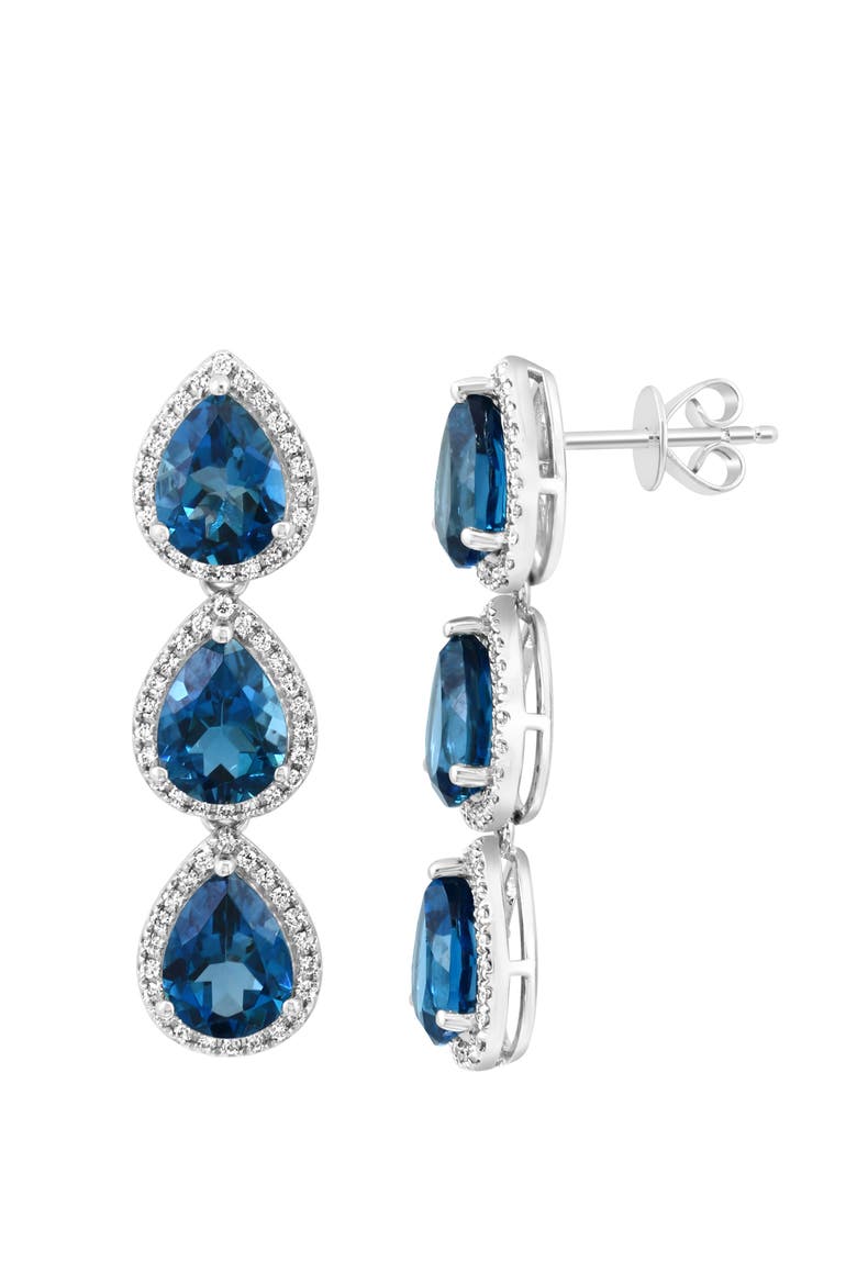 14K White Gold Three Stone London Blue Topaz & Diamond Drop Earrings, Alternate, color, 14K Gold