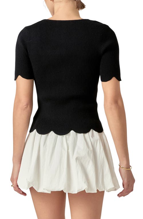 English Factory Scallop Hem Square Neck Rib Sweater In Black