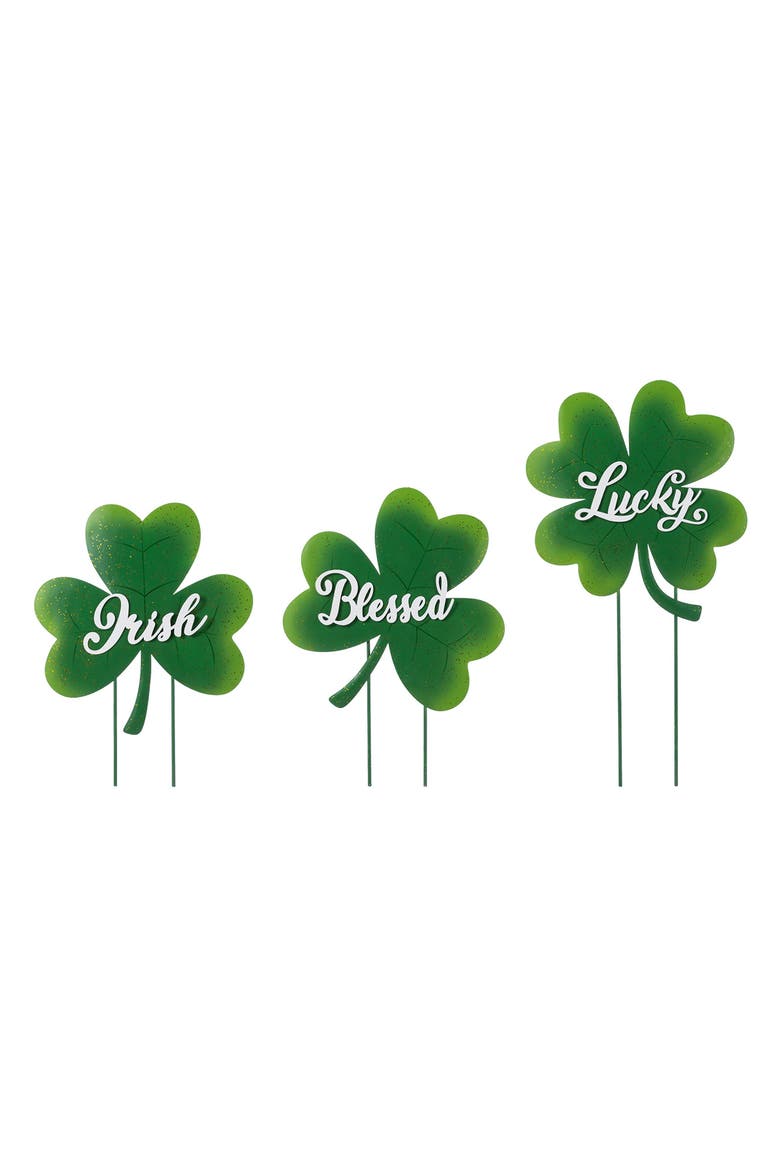 Set of 3 St. Patrick's Metal Shamrock Yard Stake, Alternate, color, Green