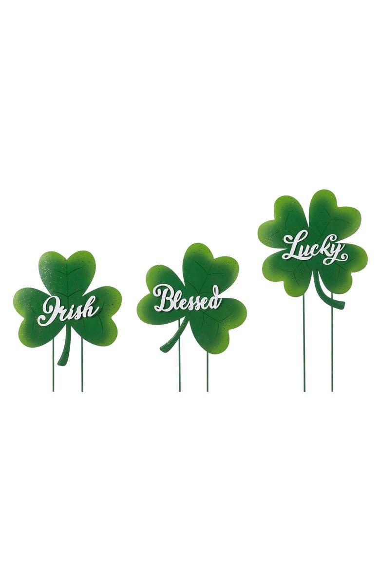 Glitzhome Set of 3 St. Patrick's Metal Shamrock Yard Stake, Alternate, color, Green