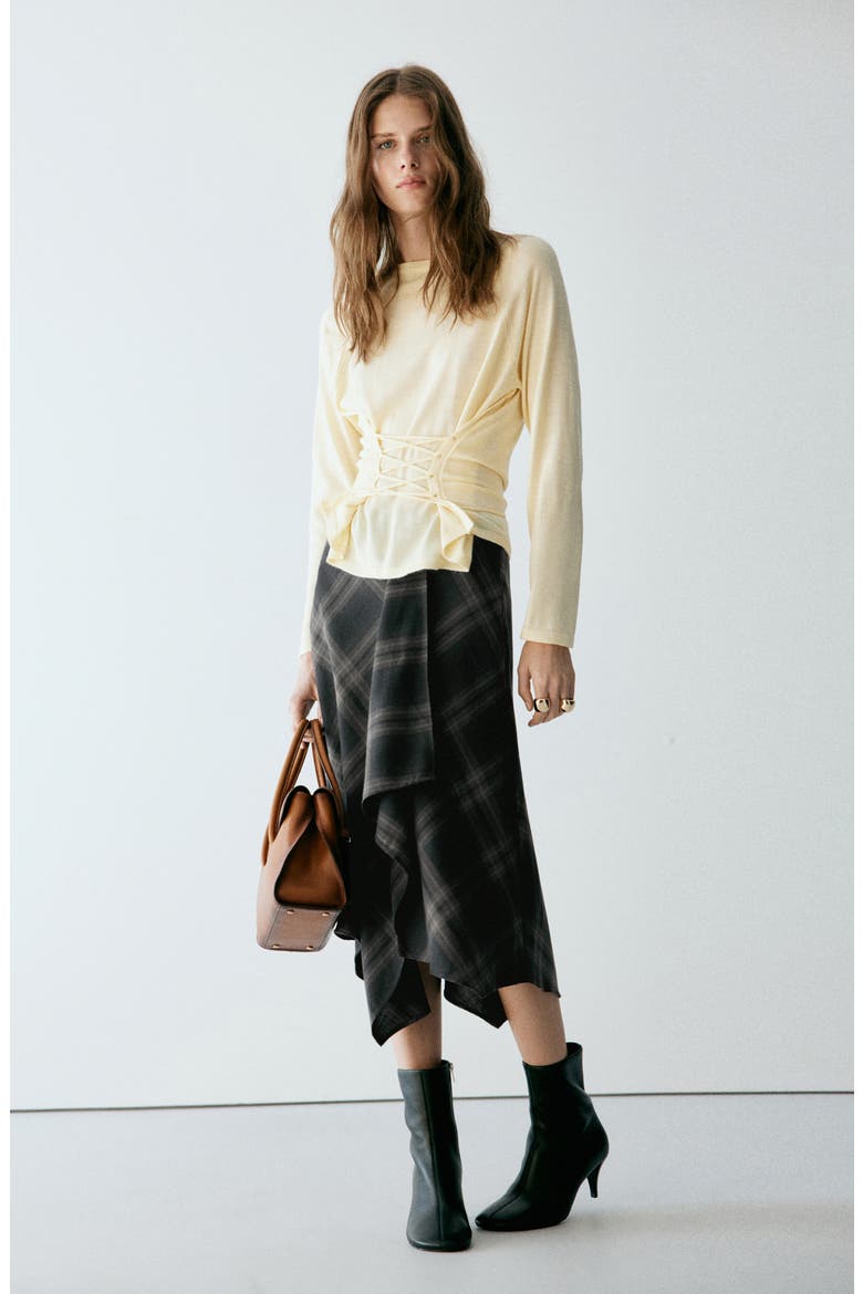 Asymmetric Check Print Midi Skirt, Alternate, color, DARK HEATHER GREY