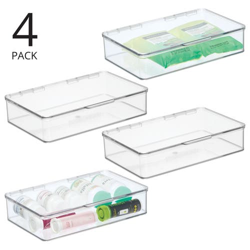 Mdesign Plastic Bath Stacking Storage Organizer Box, Hinged Lid, 4 Pack In Transparent