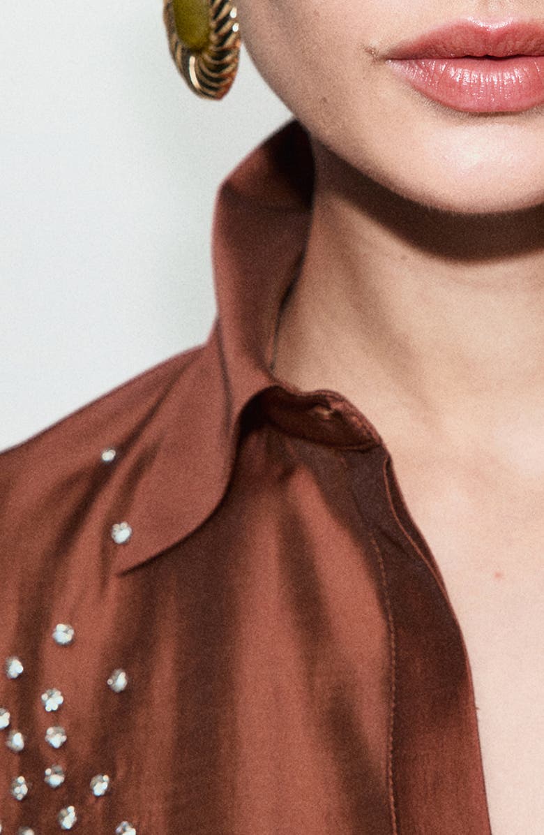 MANGO Rhinestone Detail Satin Button-Up Shirt, Alternate, color, 