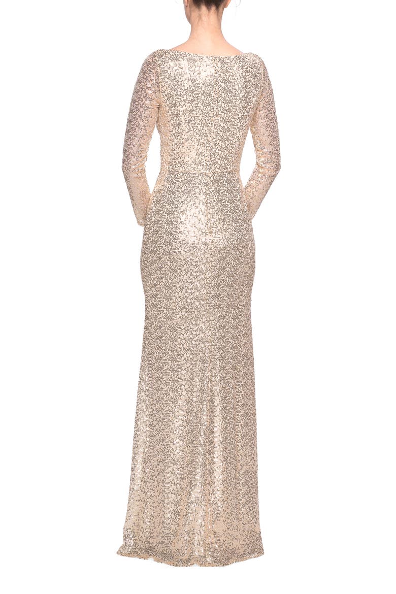 Long Sleeve Sequins Gown with Soft V-Neckline, Alternate, color, LIGHT GOLD