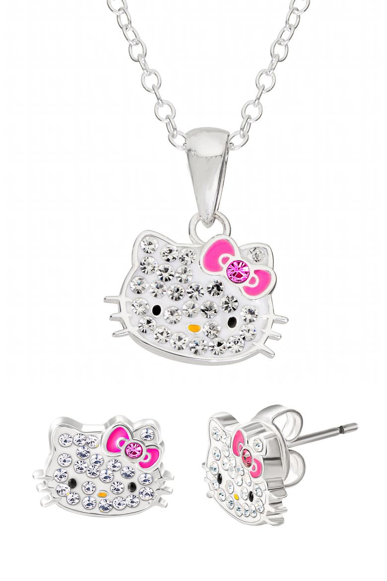 x Hello Kitty® Pendant Necklace & Stud Earrings Set, Alternate, color, PINK AND SILVER