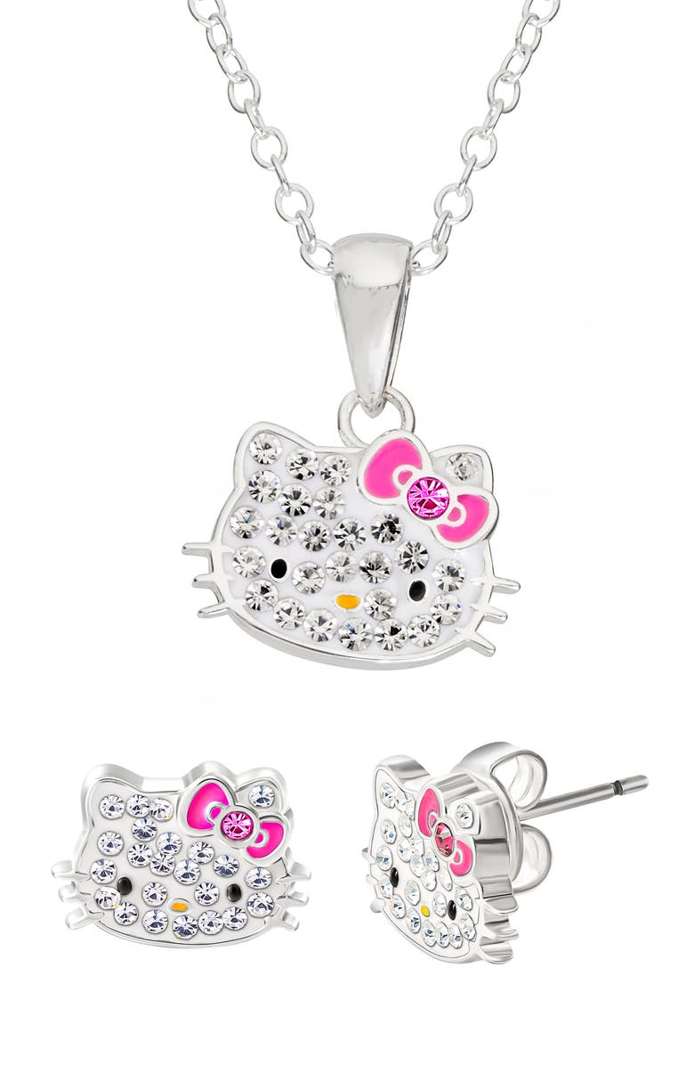 Jacmel x Hello Kitty<sup>®</sup> Pendant Necklace & Stud Earrings Set, Alternate, color, Pink And Silver