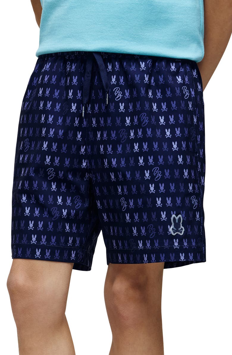 Psycho Bunny Kids' Ken Print Swim Trunks, Alternate, color, Evening Blue