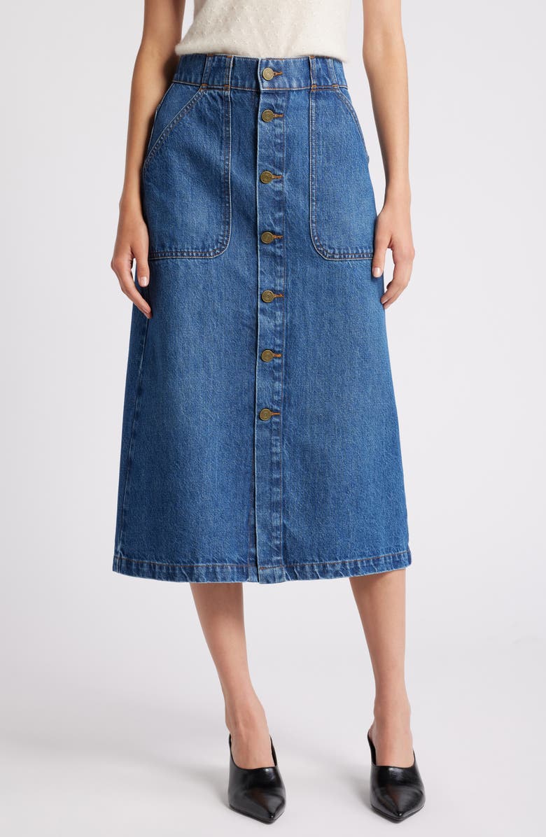 FRAME Modern Pocket Button Front Midi Denim Skirt, Main, color,