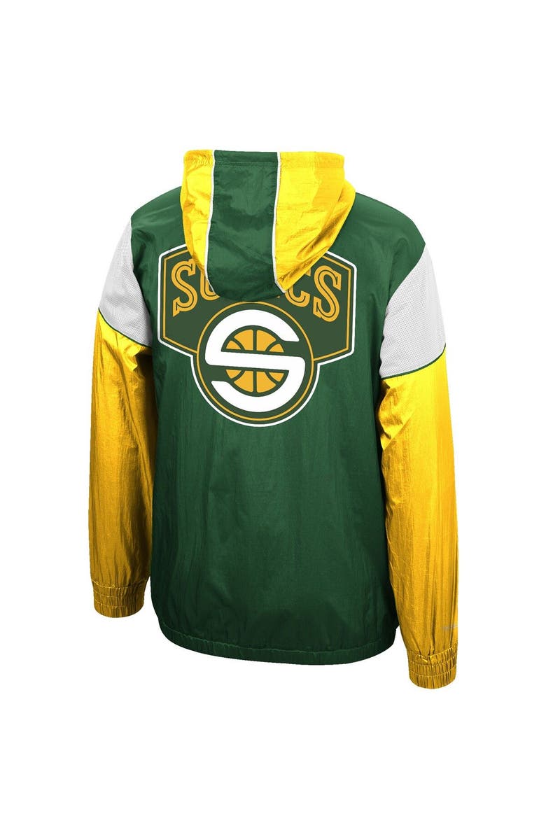 Mitchell & Ness Men's Mitchell & Ness Green/Gold Seattle Supersonics Hardwood Classics Highlight Reel Windbreaker Hoodie Half-Zip Jacket, Alternate, color, 